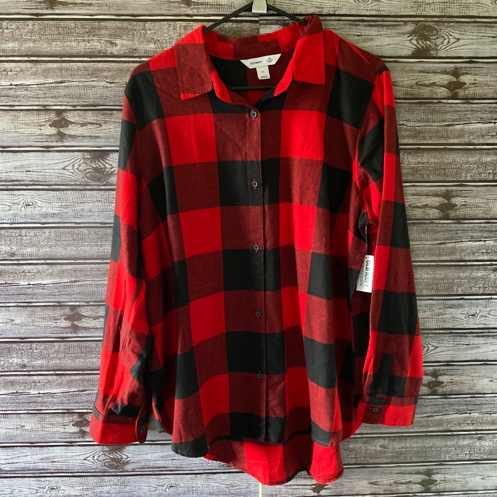 Old Navy Women's‎ Long-Sleeved Button-Down Shirt Size XL Red Black Buffalo NWT